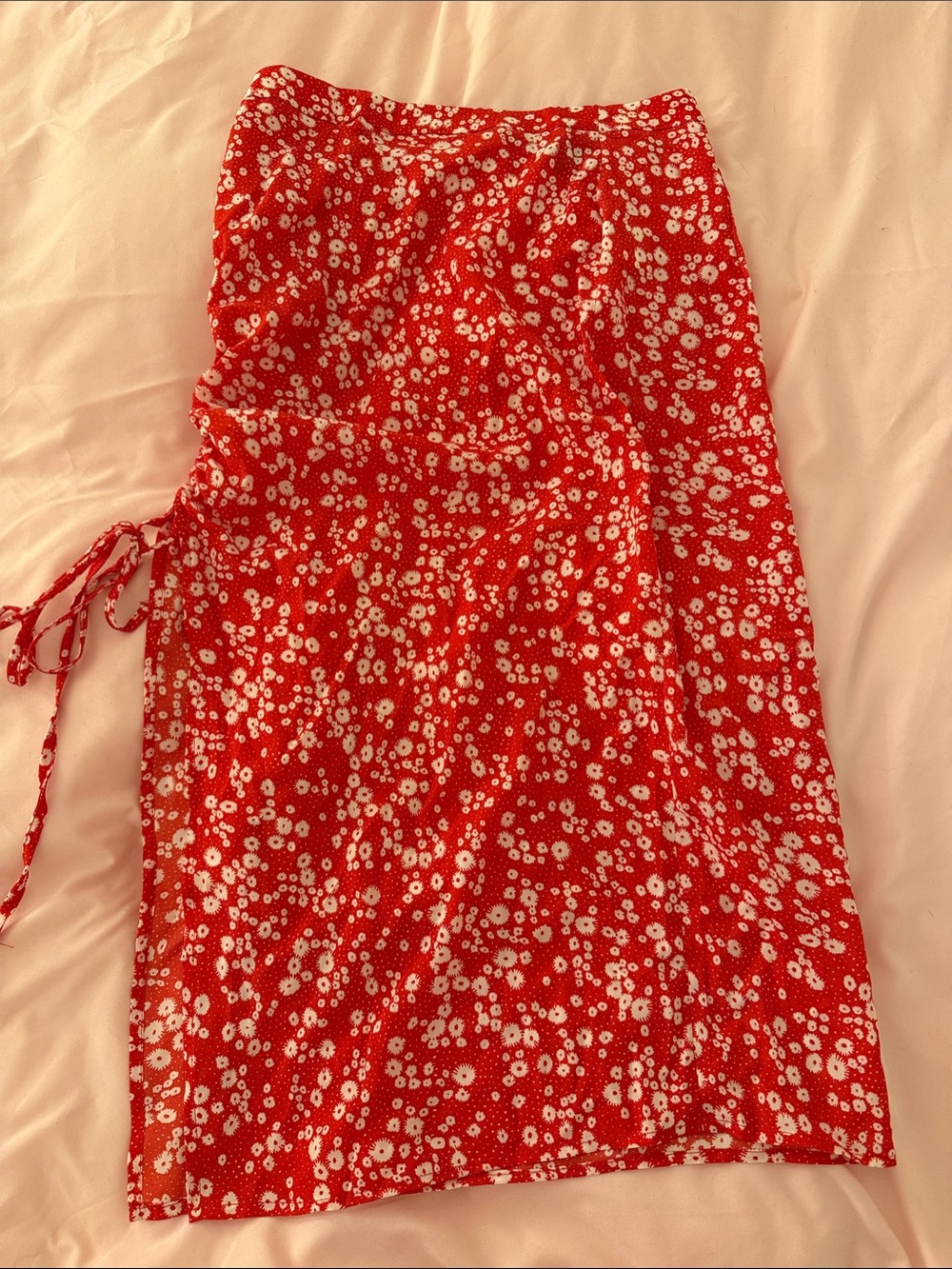 SHEIN Red Floral Tie-Side Midi Skirt with Slit- Women's